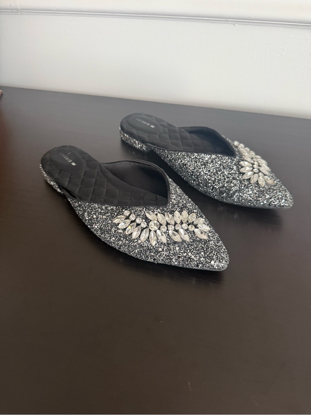 Birdies Silver Glitter Pointed-Toe Embellished Mules